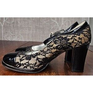 Rampage Black Patent Leather Lace Overlay Block Heel Mary Jane Style Shoes 7M